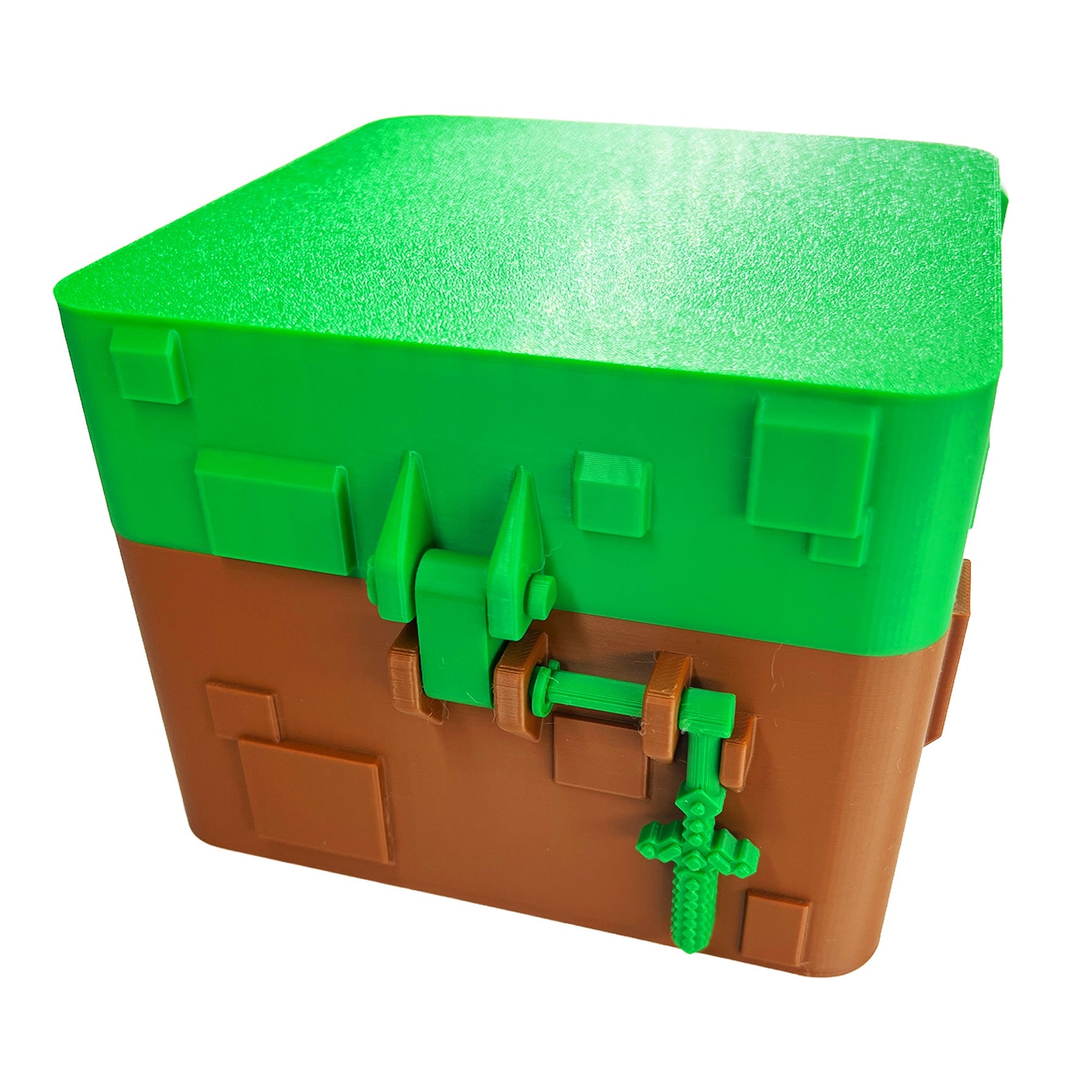 Minecraft-inspired green and brown mystery cube box front view with locking latch and sword-shaped key