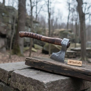 Hand Forged Carbon Steel Viking Axe with Carved Ash Wood Handle and Leather Grip