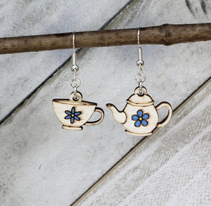 Teapot and Cup Wooden Dangle Earrings | Mismatched Tea Jewelry