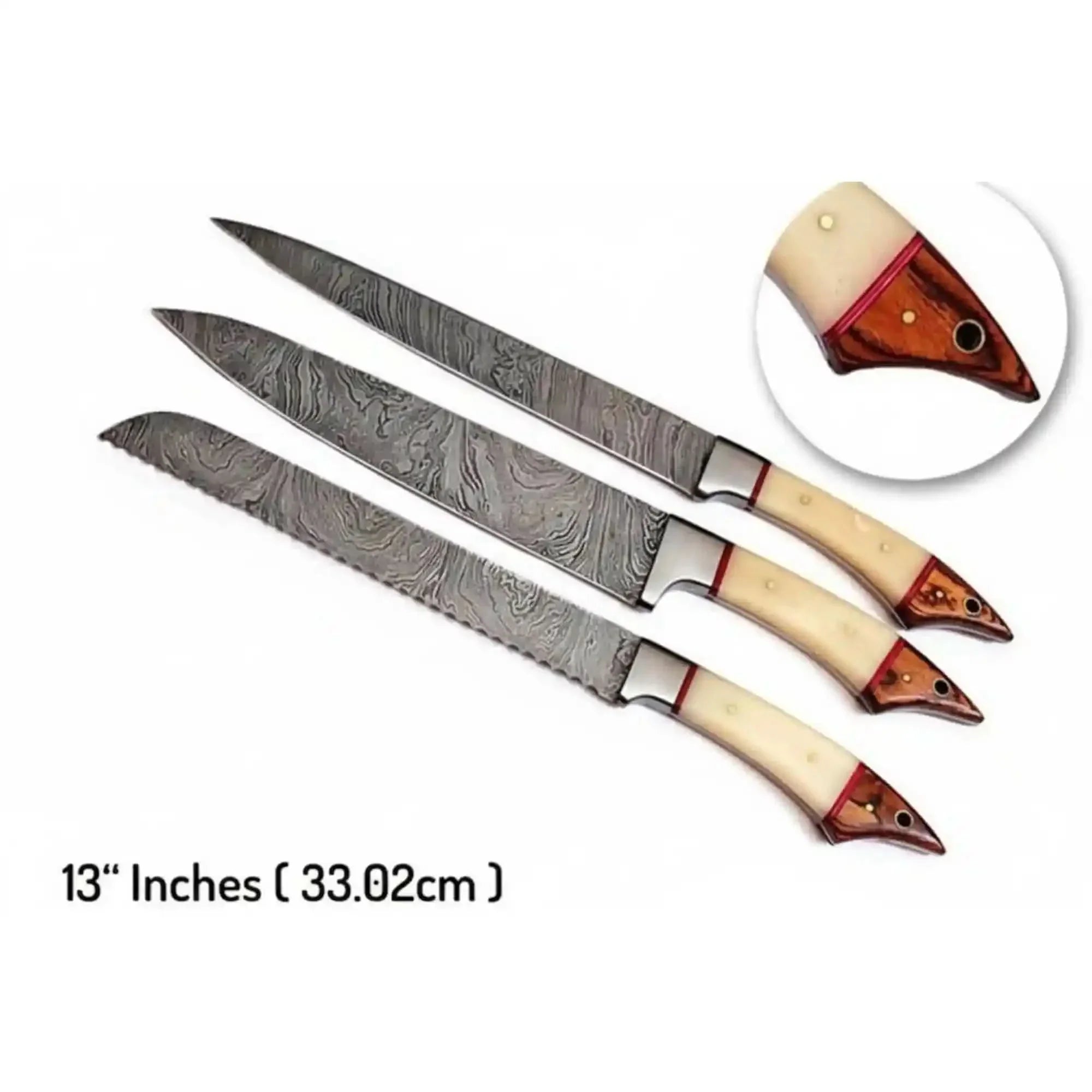 6-Piece Damascus Kitchen Knife Set — White Bone and Red Wood Handles by JW SteelCrafts, Damascus knife detail photo 2