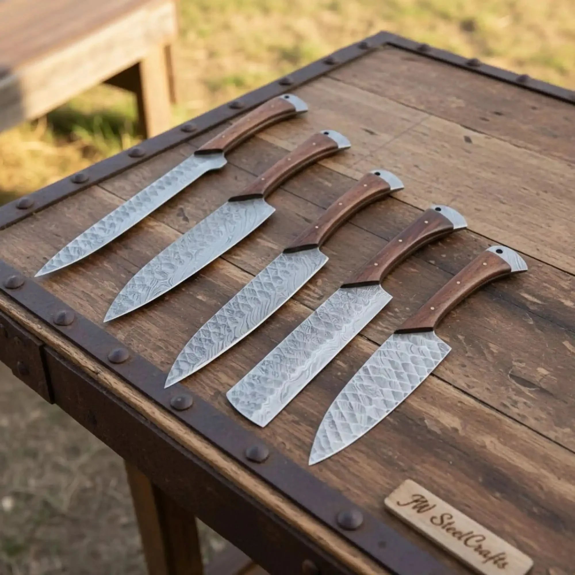 Hand Forged Damascus Chef Knife Set, Natural Wood Handle, Full Tang Kitchen Knife Collection by JW SteelCrafts, Damascus knife main product photo