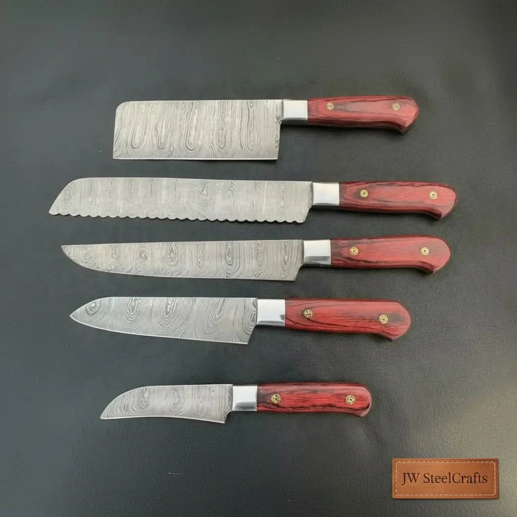 5-Piece Handcrafted Damascus Steel Knife Set: Cleaver, Bread, Chef, Utility, Paring by JW SteelCrafts, Damascus knife detail photo 2