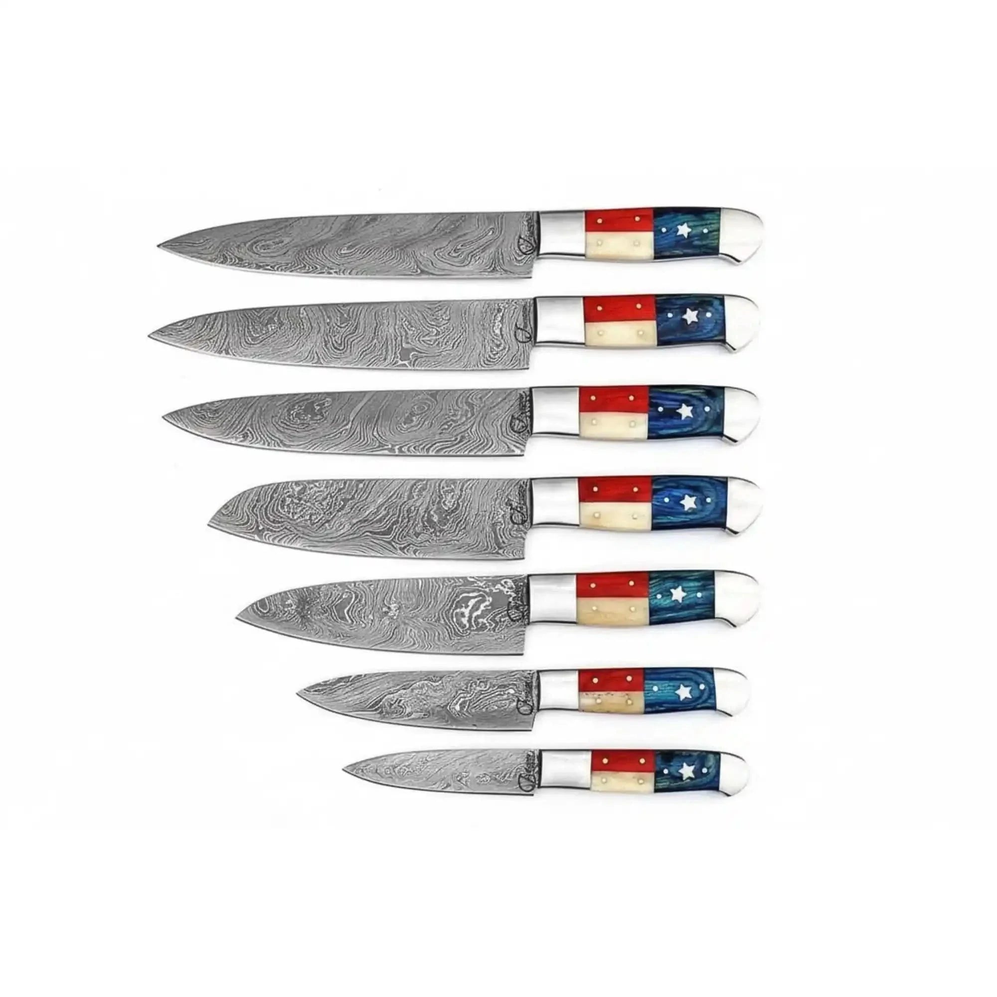 8-Piece Damascus Kitchen Knife Set — Texas Flag Handles, Full Tang Chef, Bread, Santoku, Utility & Paring Knives by JW SteelCrafts, Damascus knife main product photo