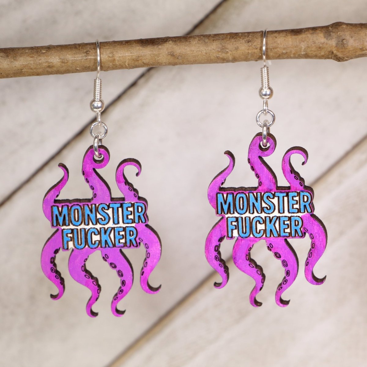 Monster Lover Wooden Earrings | Funny Fantasy Adult Humor Jewelry