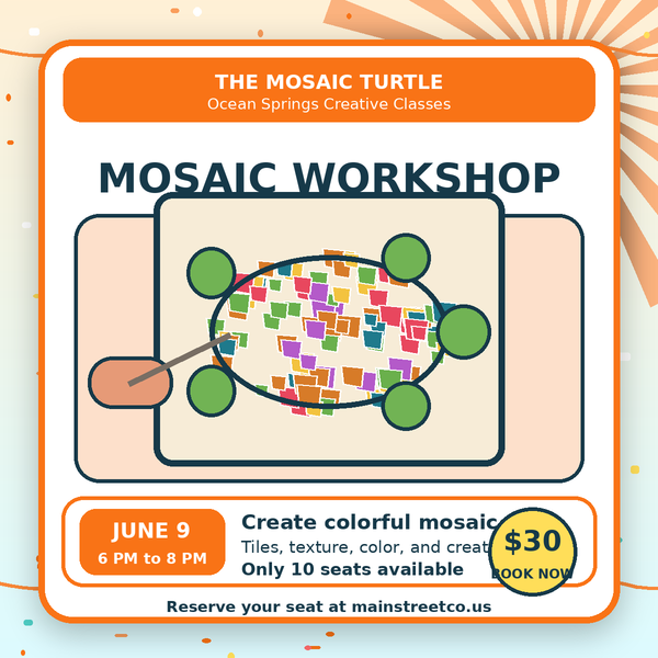 Bright Mosaic Workshop class product image with colorful tiles for The Mosaic Turtle in Ocean Springs Mississippi