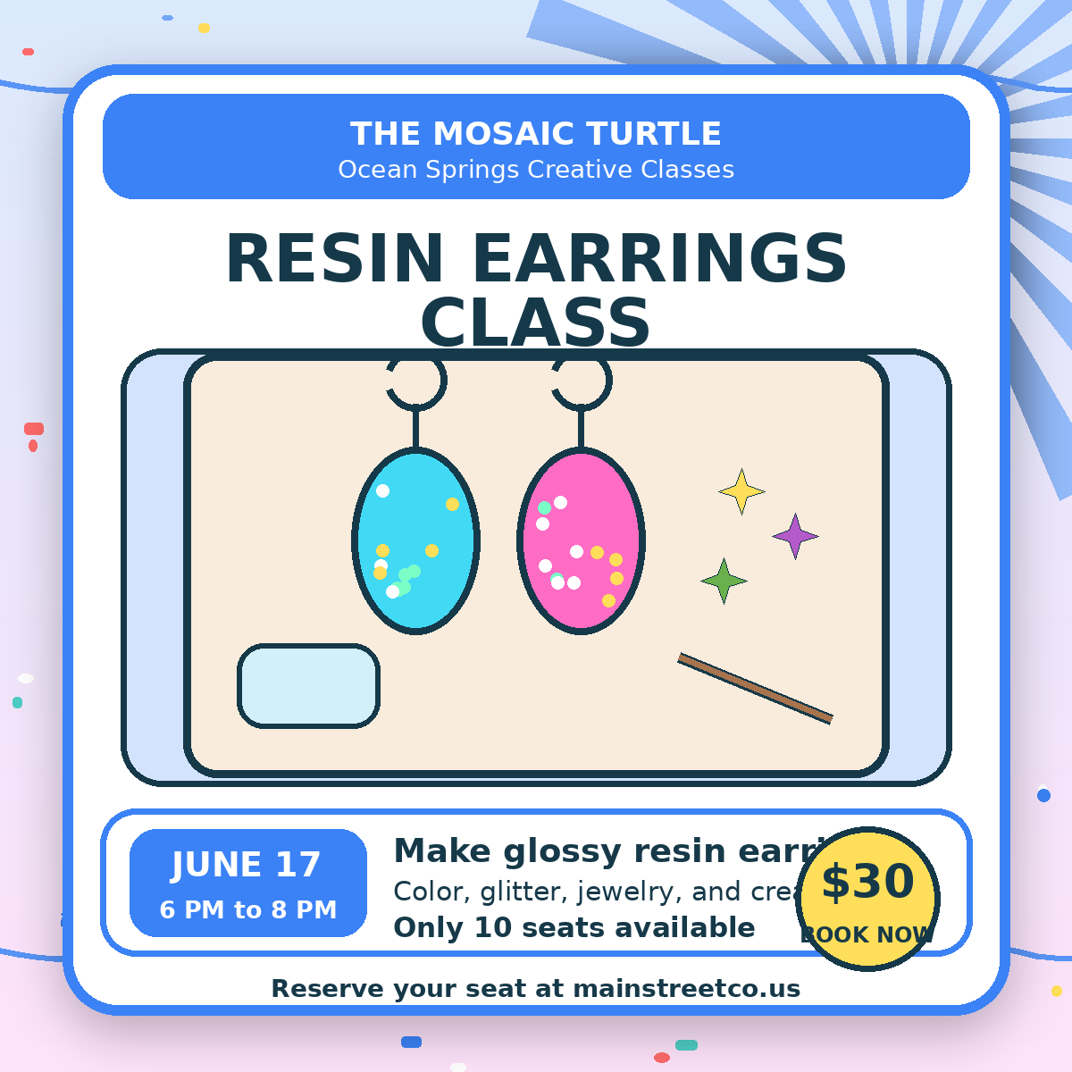 Bright Resin Earrings class product image with jewelry making supplies for The Mosaic Turtle in Ocean Springs Mississippi