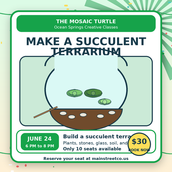 Bright Make a Succulent Terrarium class product image with succulents and glass terrarium for The Mosaic Turtle in Ocean Springs Mississippi