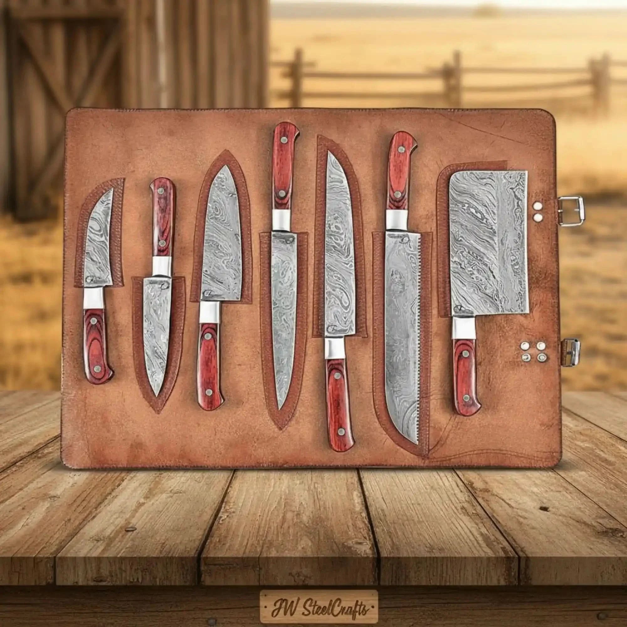 7-Piece Damascus Multi-Knife Set with Bread Knife, Cleaver & Skinner — Red Hardwood Handles, Steel Bolsters & Leather Travel Roll | JW Steel Crafts by JW SteelCrafts, Damascus