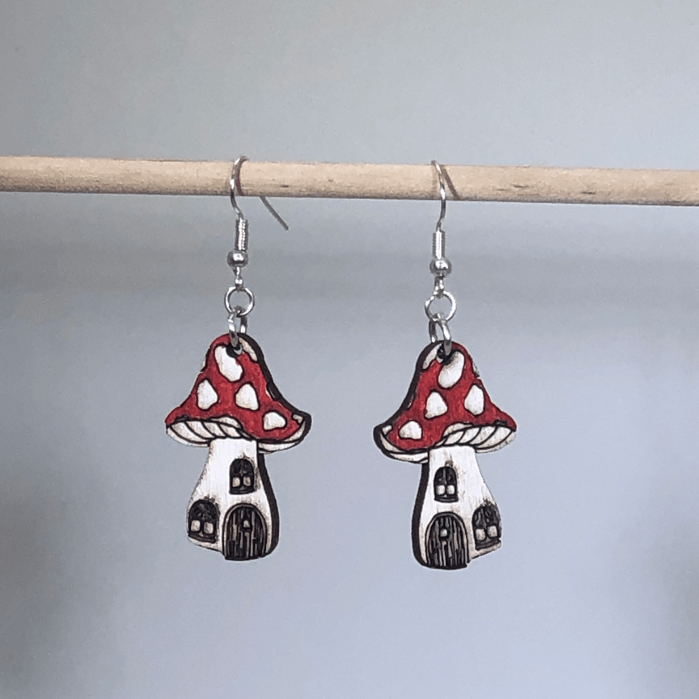 Enchanted Mushroom Wooden Dangle Earrings | Fantasy Jewelry detail view by Cate's Concepts, LLC