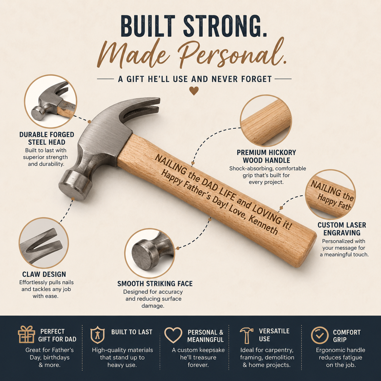 Personalized Engraved Wood Handle Hammer by Poor Hog Customs, keepsake gift detail photo 5
