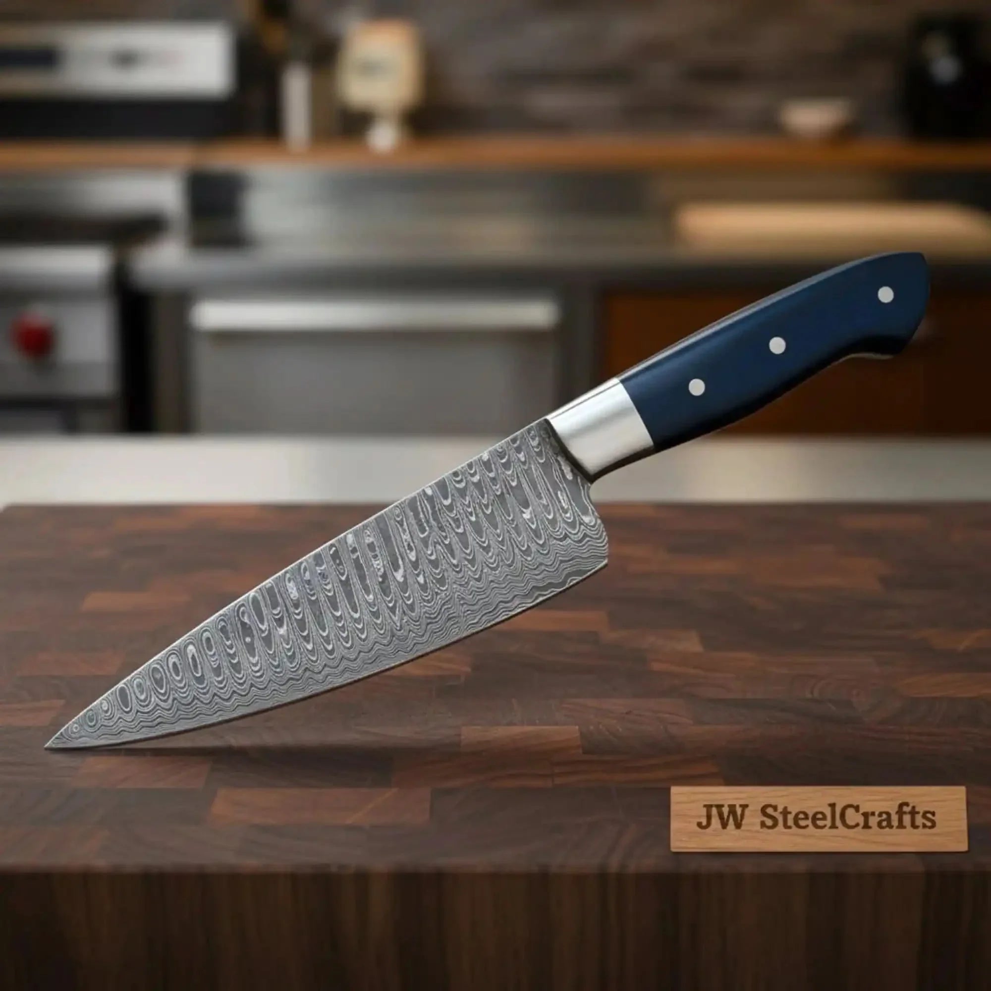 2-Piece Hand-Forged Chef Knife with Pattern-Welded Damascus with Black Micarta Handles (Professional Set) by JW SteelCrafts, Damascus knife main product photo