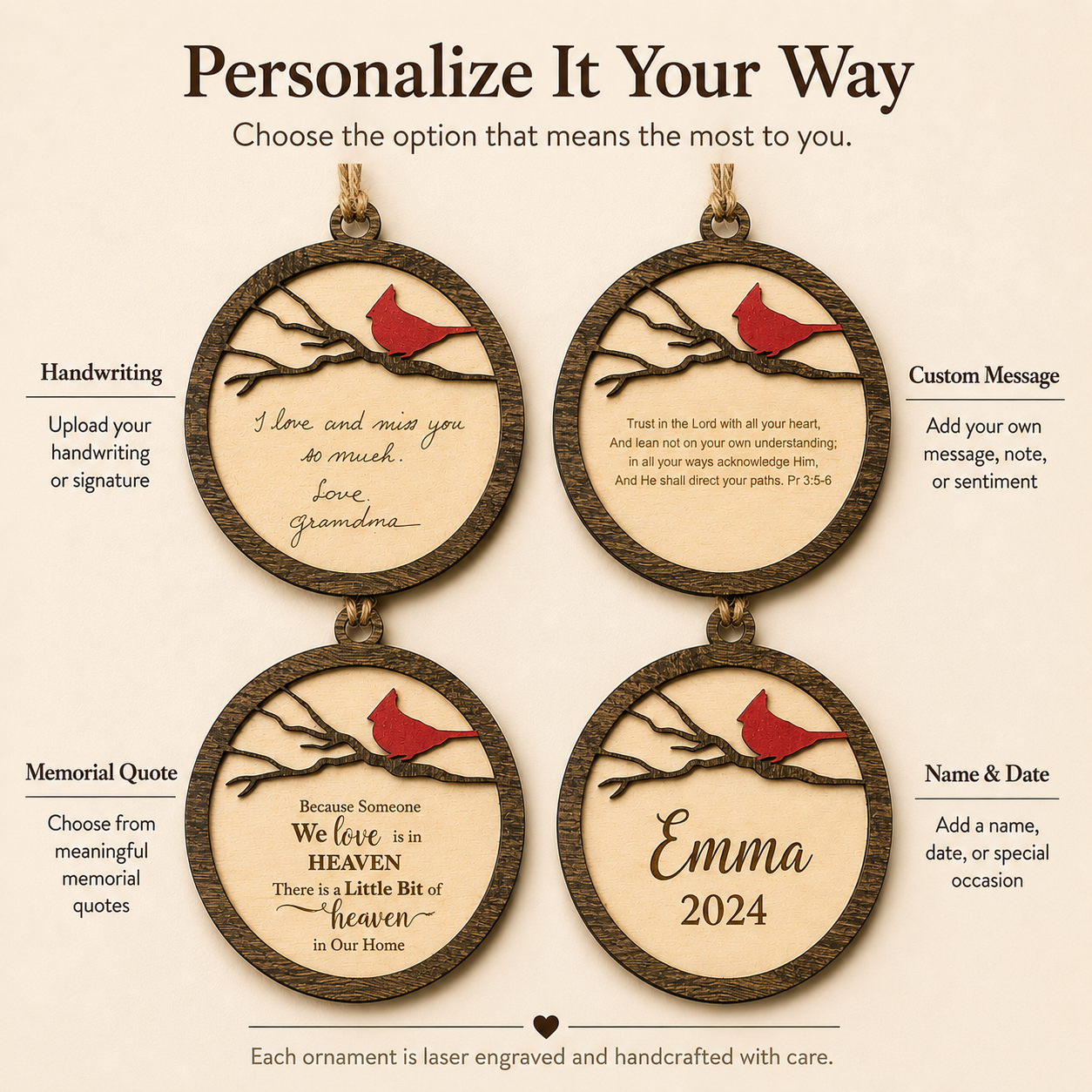 Personalized Cardinal Ornament with Handwriting or Custom Quote by Poor Hog Customs, Southern home decor detail photo 4
