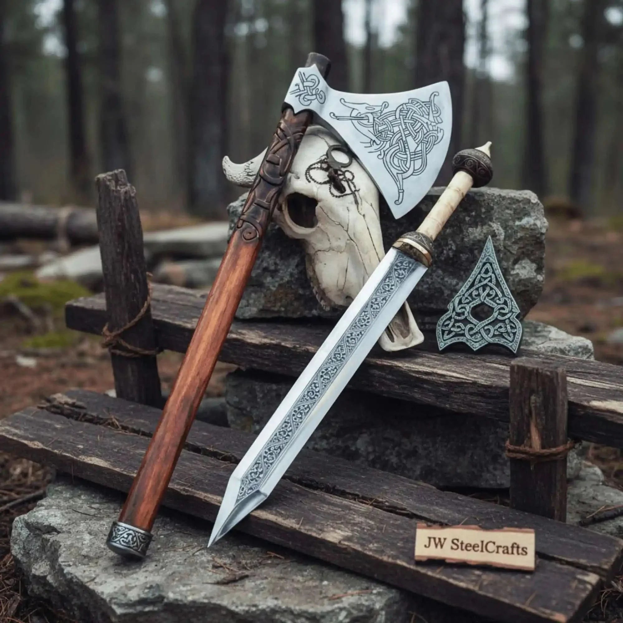 Custom Handmade Stainless Steel Double Handed Viking axe set with Handmade Gladius piece by JW SteelCrafts, Southern lifestyle apparel detail photo 2