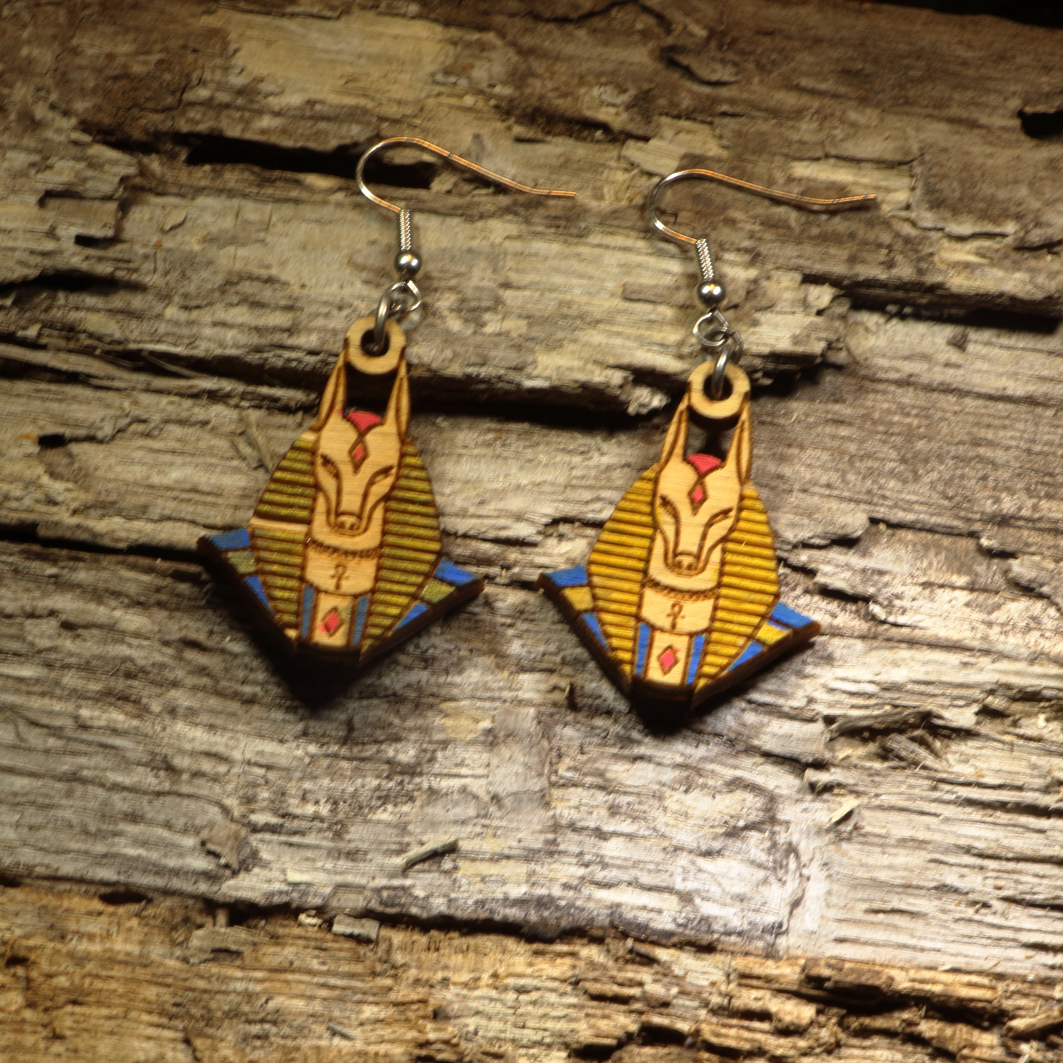 Anubis Wooden Dangle Earrings | Egyptian Mythology Jewelry