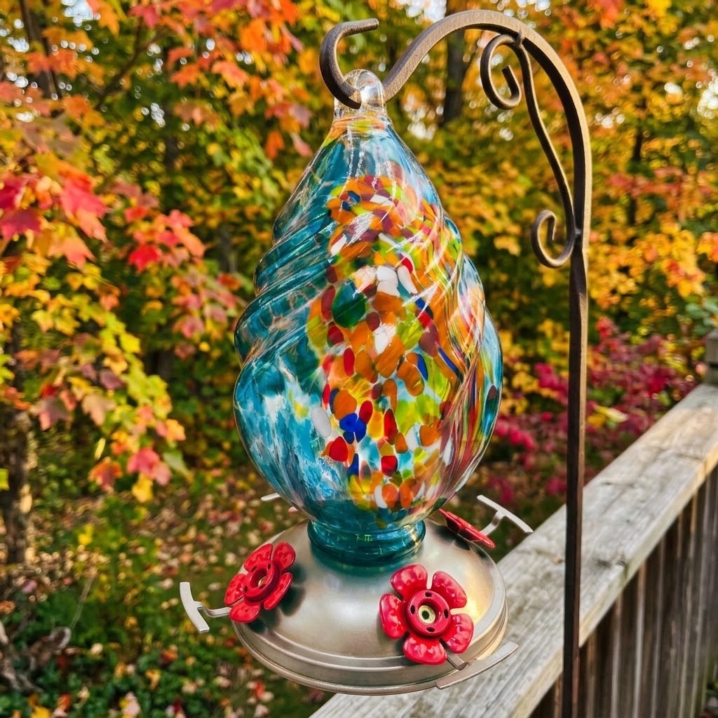 Aqua Confetti Teardrop Glass Hummingbird Feeder