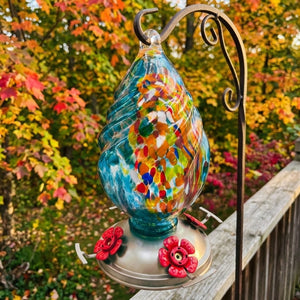 Aqua Confetti Teardrop Glass Hummingbird Feeder
