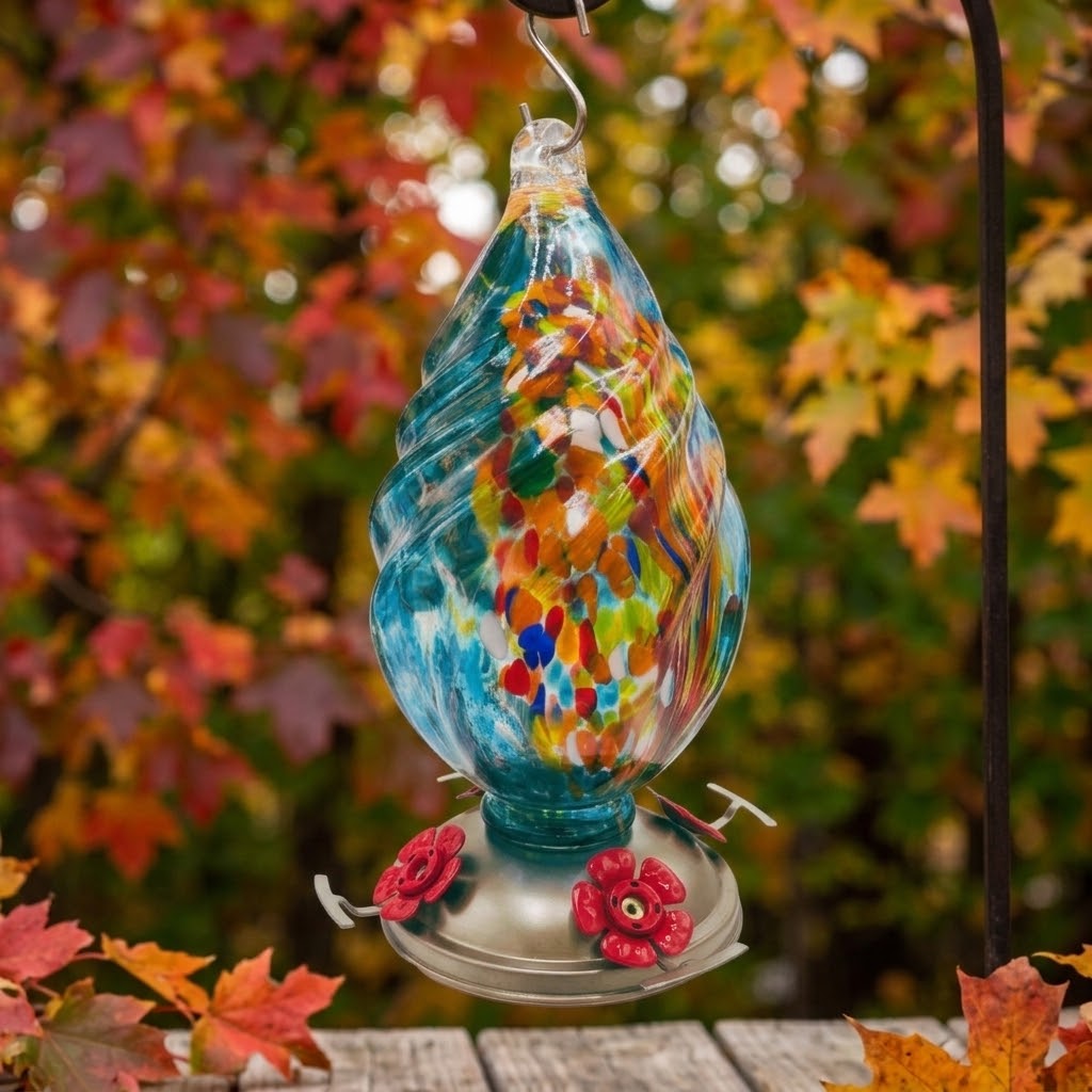 Aqua Confetti Teardrop Glass Hummingbird Feeder