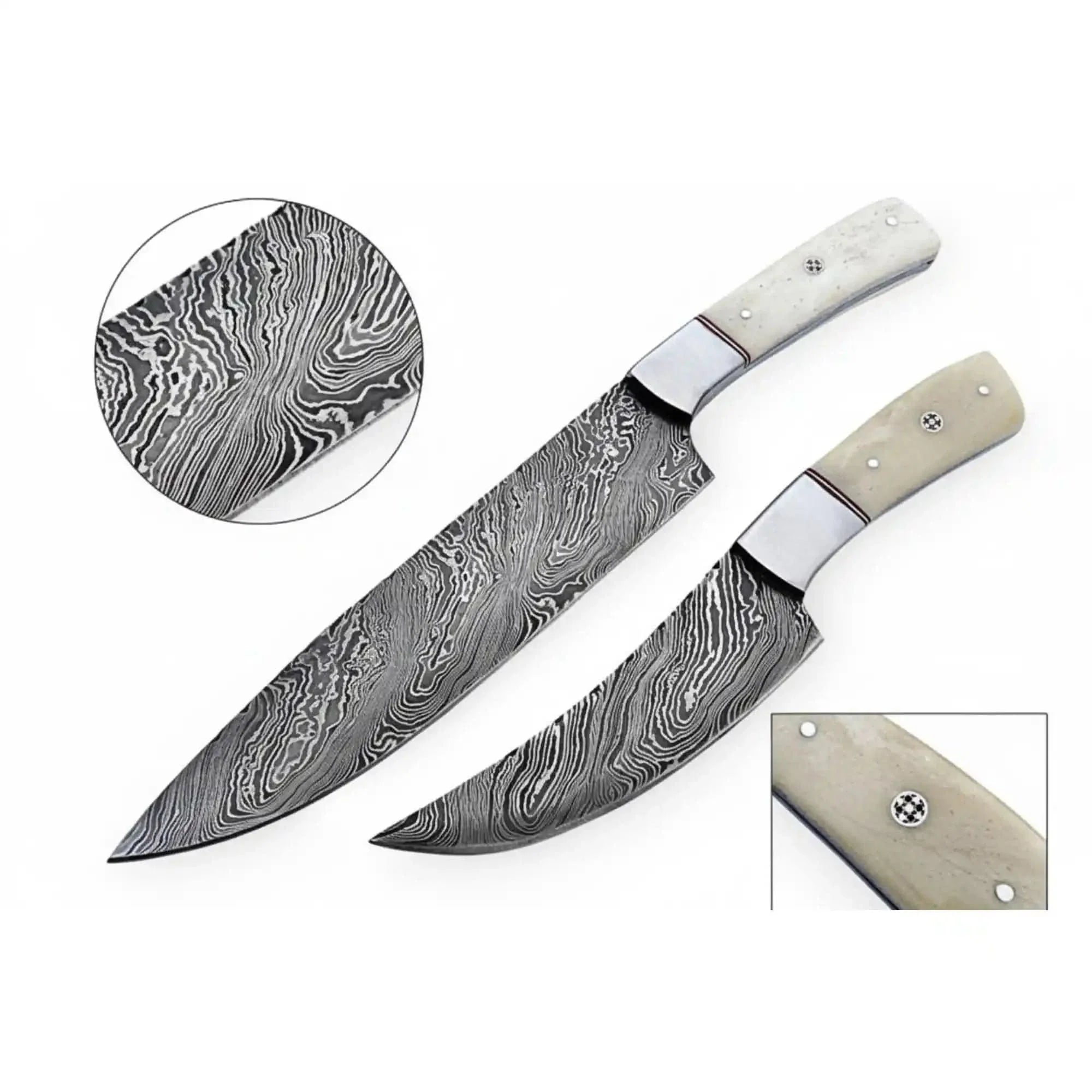 2-Piece Damascus Chef Knife Set — 10 & 8 Inch Wave Pattern Blades, White Camel Bone Handles & Steel Bolsters | JW Steel Crafts by JW SteelCrafts, Damascus knife main product photo