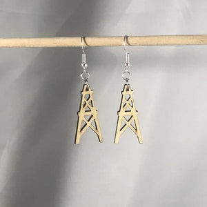 Oil Derrick Wooden Dangle Earrings | Oilfield Industrial Jewelry