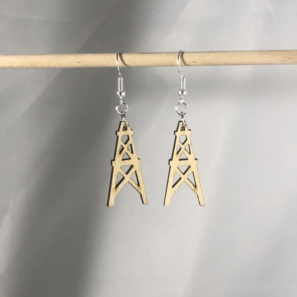 Oil Derrick Wooden Dangle Earrings | Oilfield Industrial Jewelry detail view by Cate's Concepts, LLC