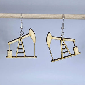 Oil Rig Pump Jack Wooden Dangle Earrings | Industrial Jewelry detail view by Cate's Concepts, LLC