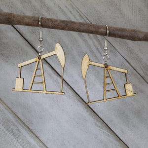 Oil Rig Pump Jack Wooden Dangle Earrings | Industrial Jewelry detail view by Cate's Concepts, LLC