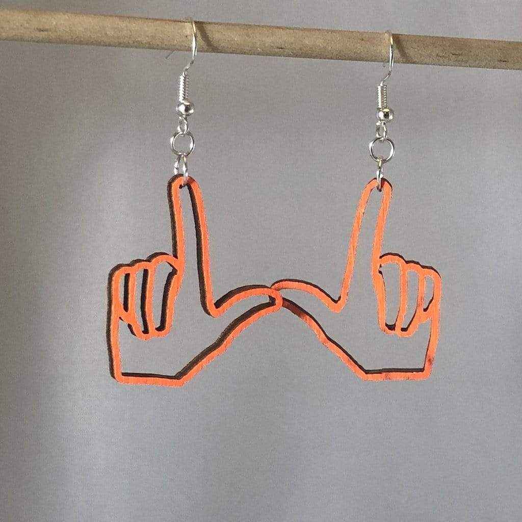 Finger Gun Wooden Dangle Earrings | Funny Gesture Jewelry by Cate's Concepts, LLC, handmade jewelry detail photo 2