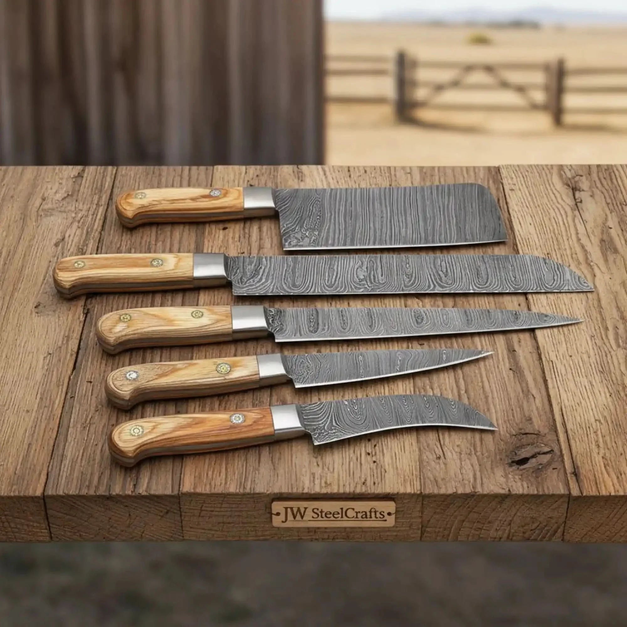 5-Piece Full Tang Damascus Kitchen Knife Set — Chinese Cleaver, Long Slicer & Olive Wood Handles by JW SteelCrafts, Damascus knife main product photo