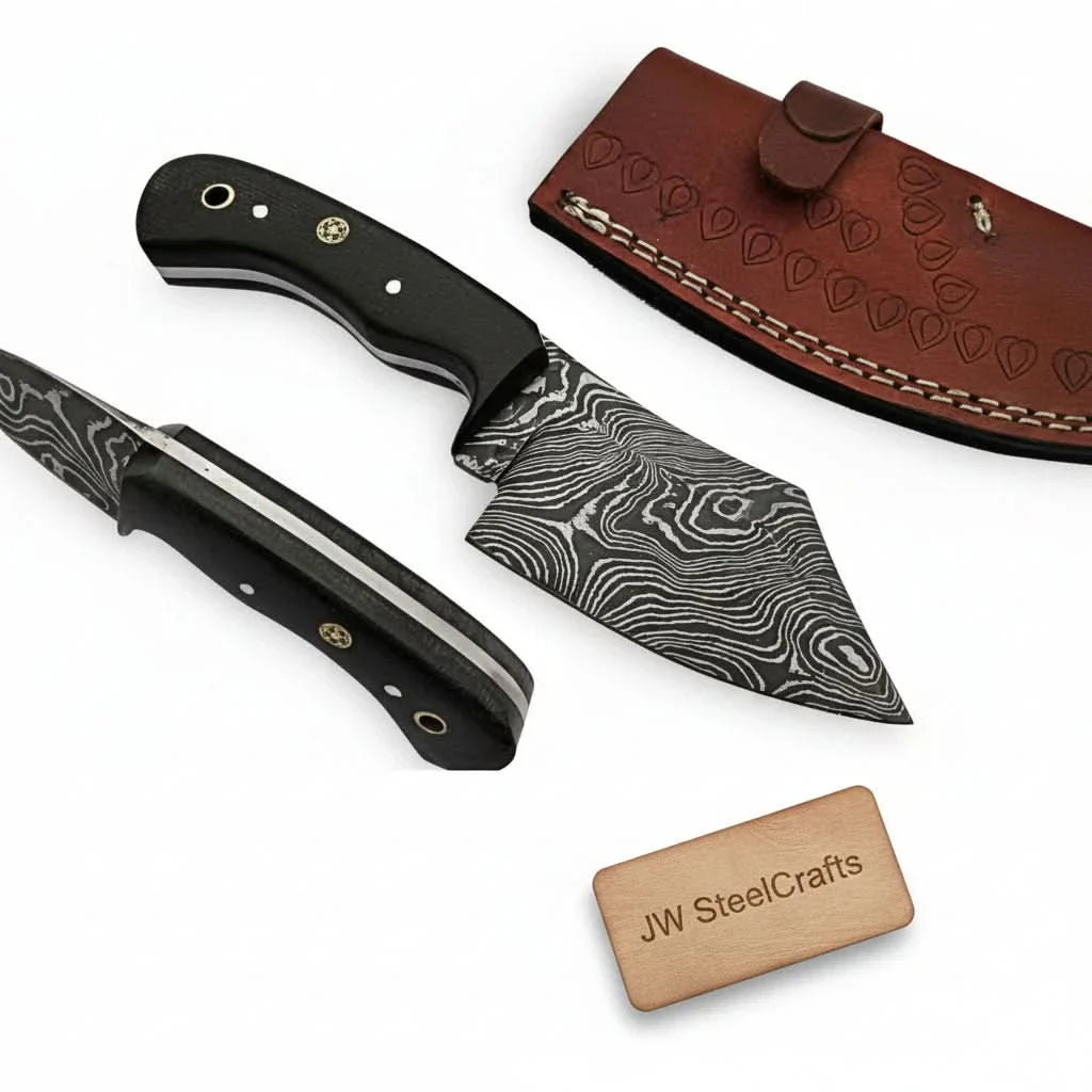 Handmade Damascus Skinner Knife Full Tang Twisted Pattern Blade Black Micarta Handle With Leather Sheath by JW SteelCrafts, leather knife sheath main product photo