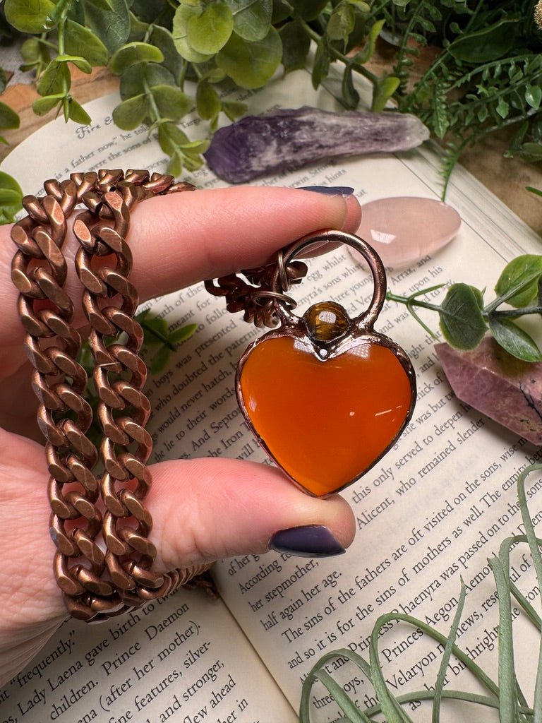 Orange Agate Heart and Tigers Eye Necklace