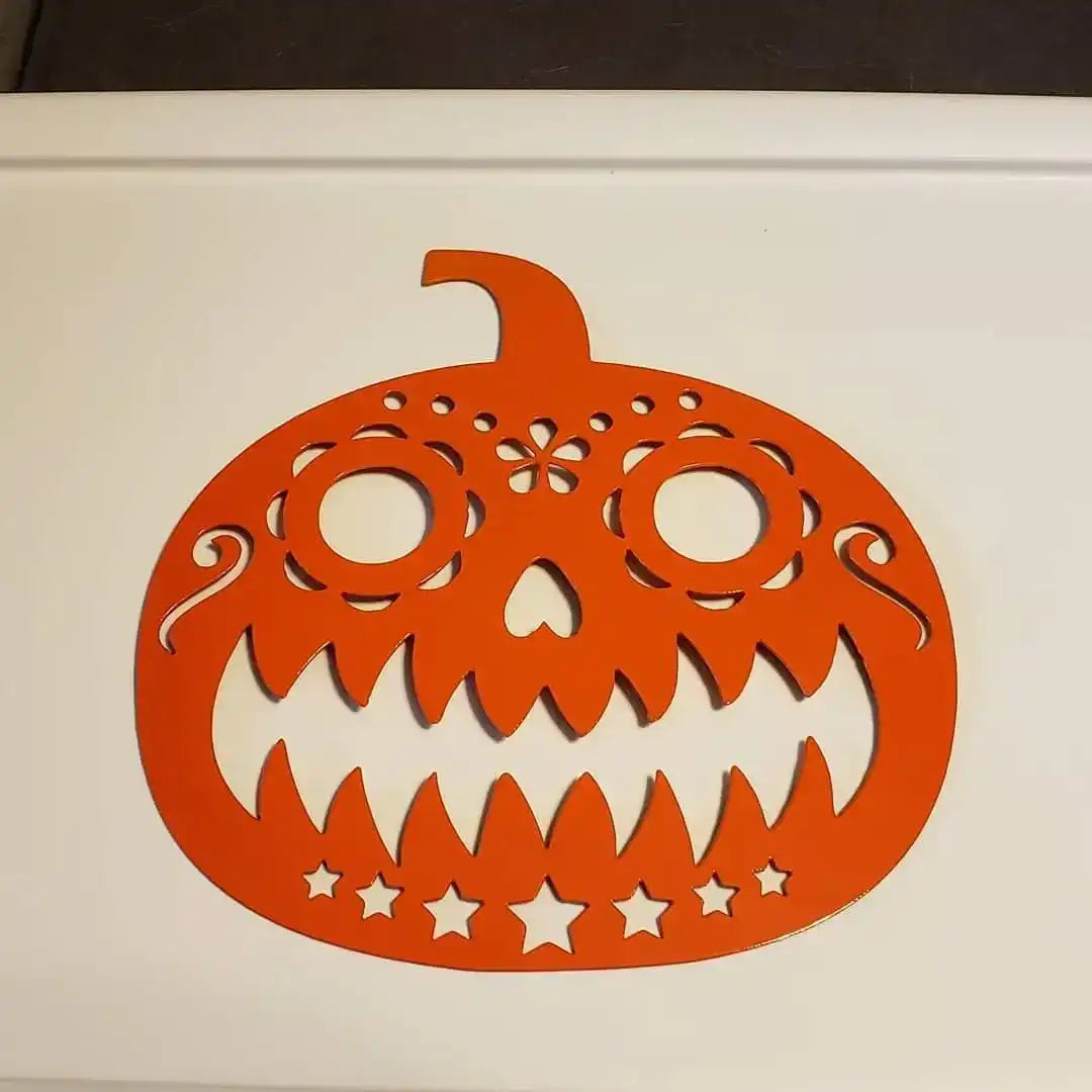 Sugar Skull Jack-o’-Lantern Wall Art – Day of the Dead Halloween Decor – Plasma Cut 14ga Steel Pumpkin Sign – 12x12 Inch Outdoor Decoration