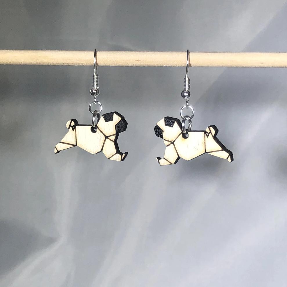 Origami Pug Wooden Dangle Earrings | Dog Lover Jewelry