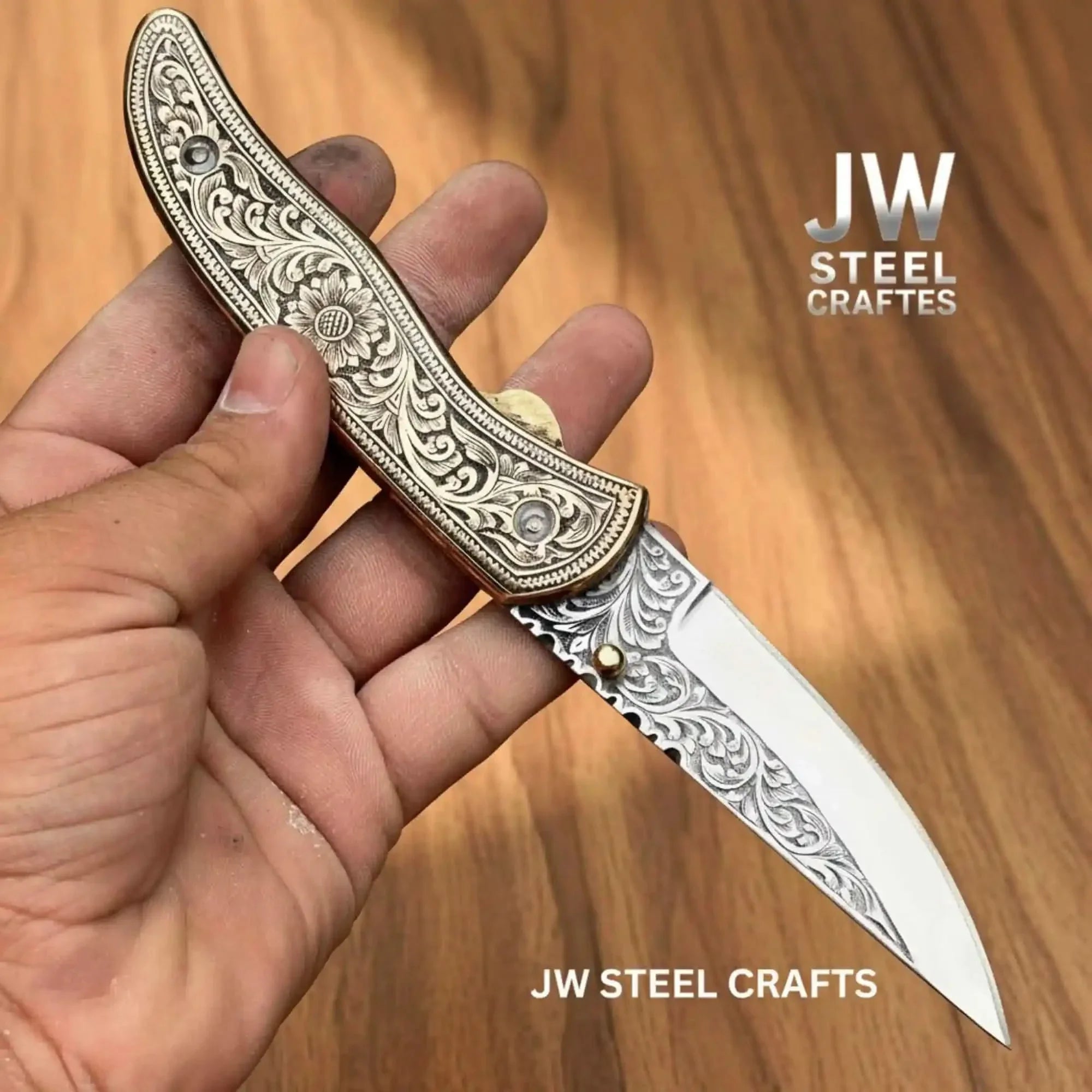 Handmade Engraved Brass Handle Folding Knife for EDC by JW SteelCrafts, Damascus knife detail photo 2