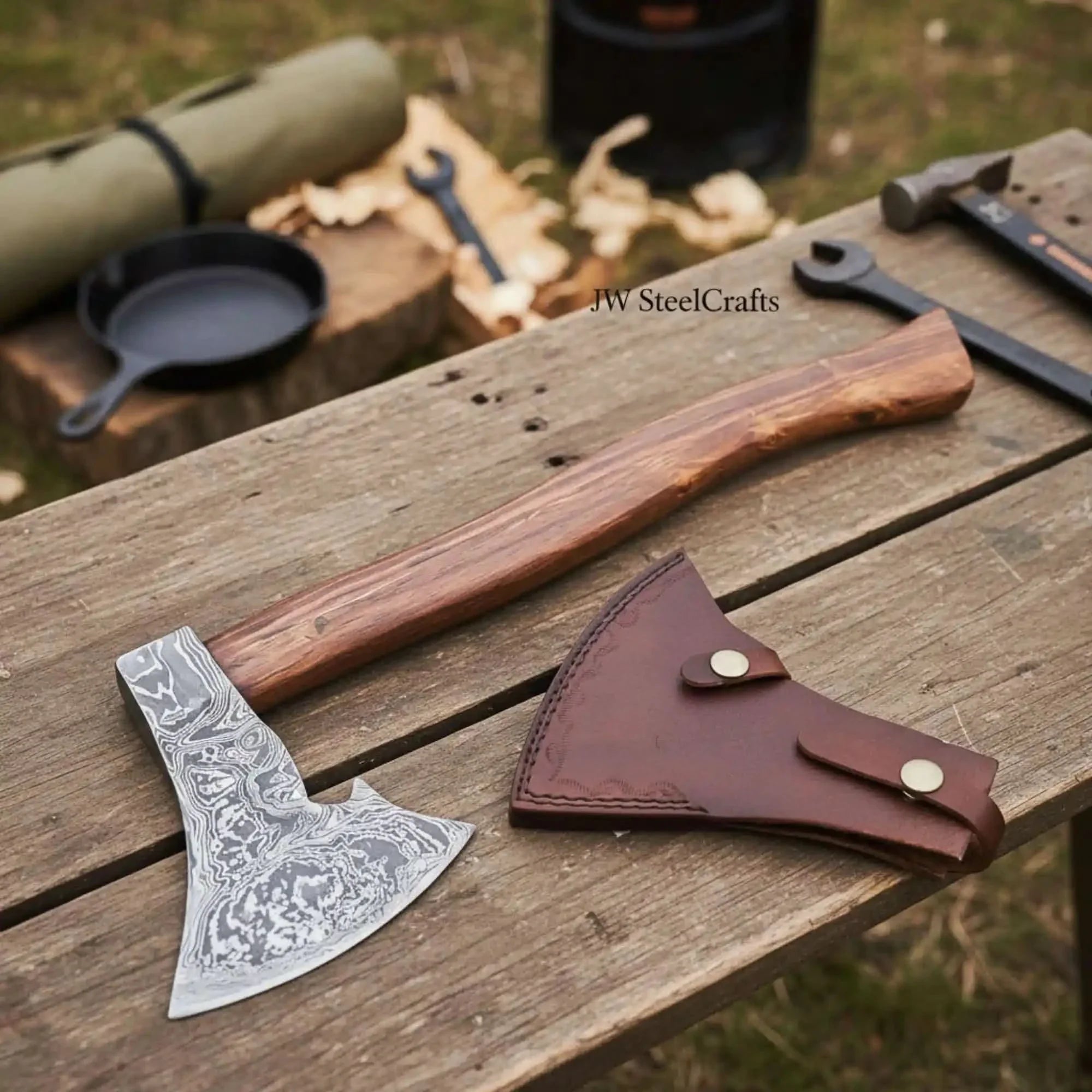 Medieval Norse Bearded Axe with Curved Hardwood Handle by JW SteelCrafts, handmade axe main product photo