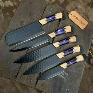 5-Piece Hand-Forged Chef Knives Set – Black Blades, Purple Resin & Olive Wood Handles