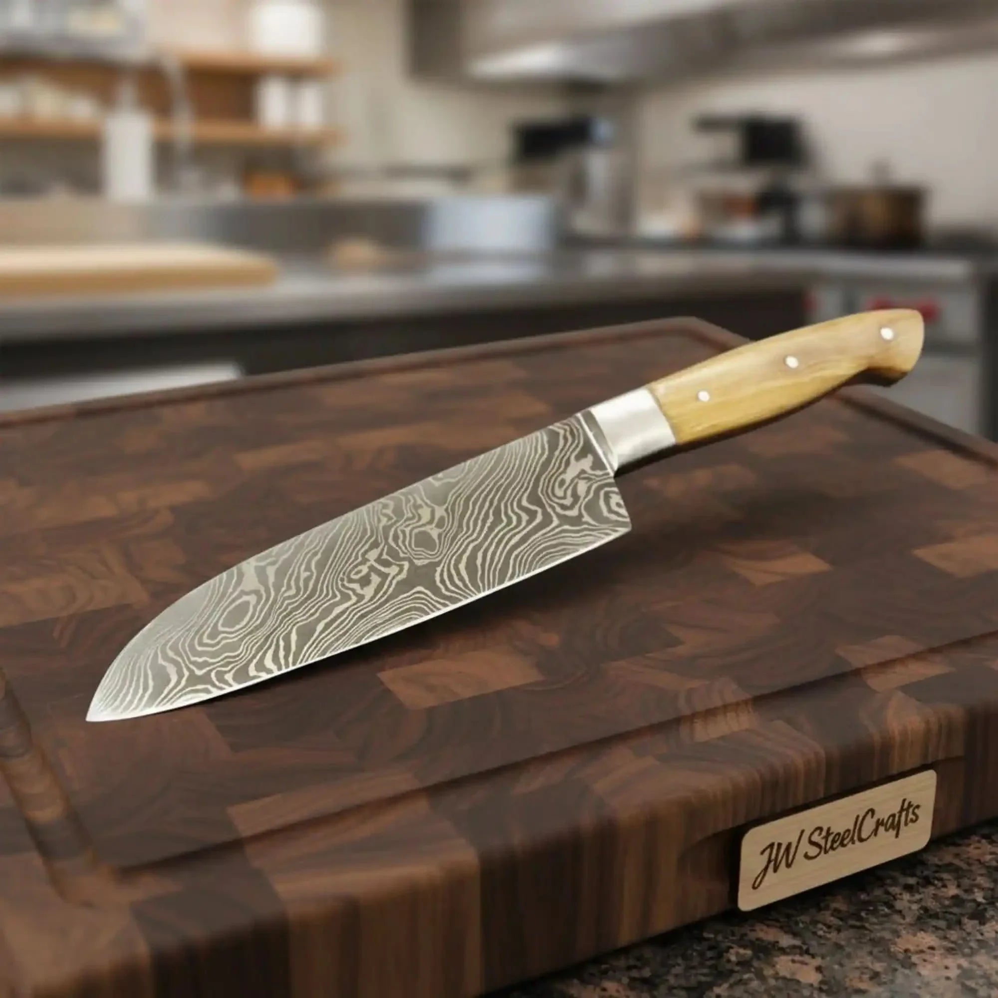 Handmade Damascus Gyuto Chef Knife – Olive Wood Handle, Steel Bolster & Full Tang Blade by JW SteelCrafts, Damascus knife main product photo