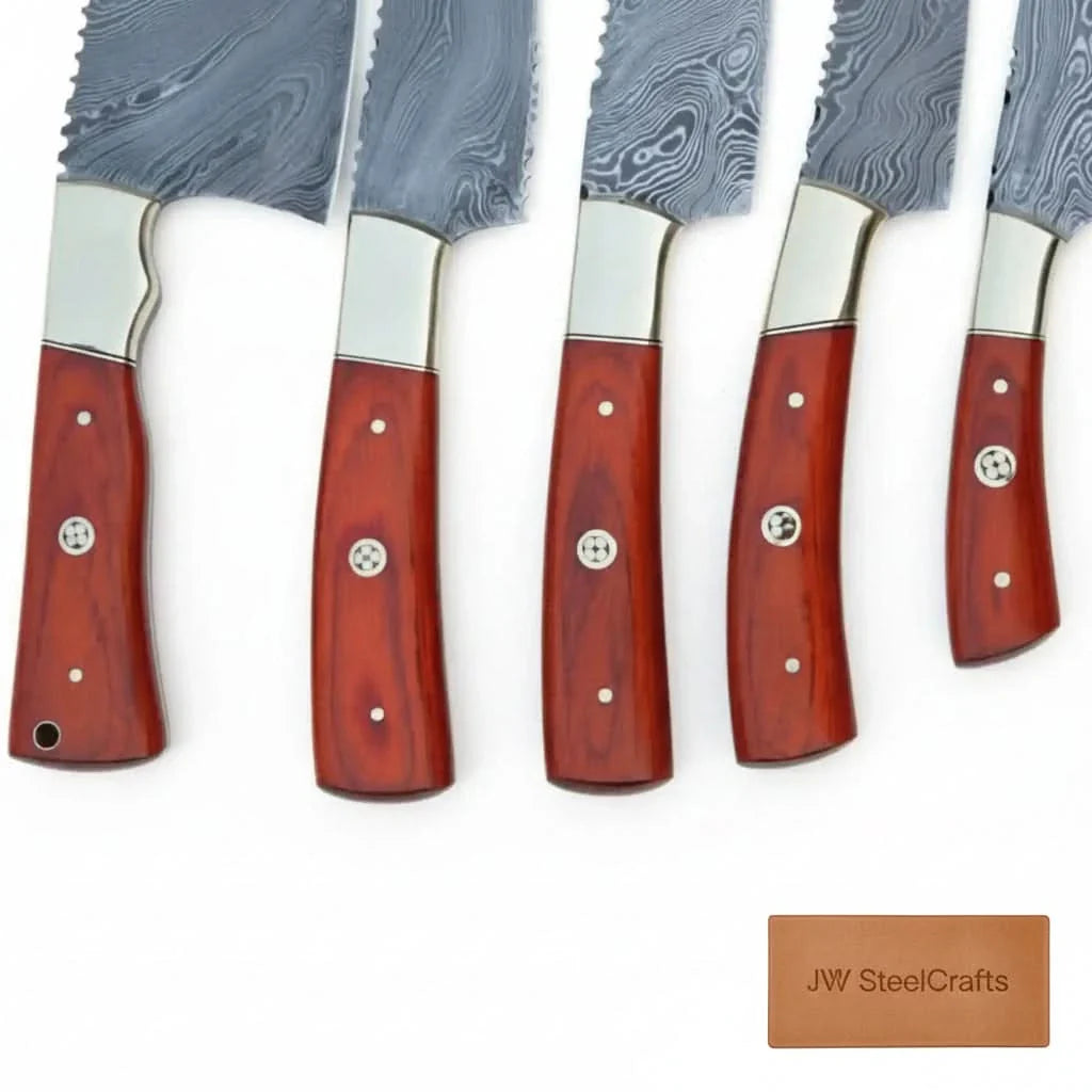 5-Piece Damascus Kitchen Knife Set — Butcher, Bread, Chef, Utility & Paring with Reddish Hardwood Handles by JW SteelCrafts, Damascus knife detail photo 2