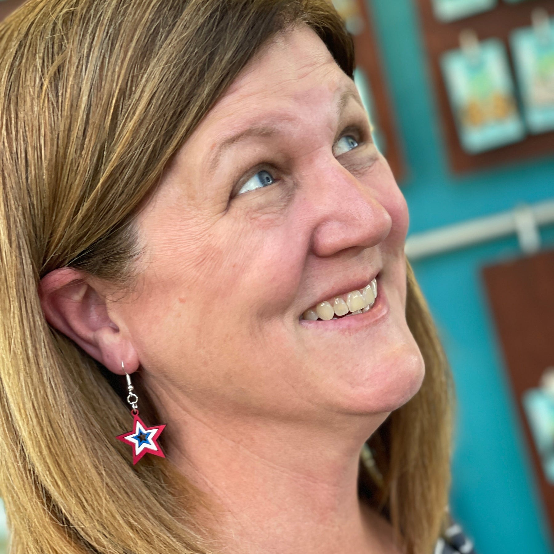 USA Stars Wooden Earrings | Patriotic American Flag Jewelry detail view by Cate's Concepts, LLC