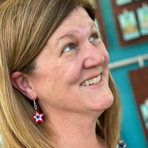 USA Stars Wooden Earrings | Patriotic American Flag Jewelry detail view by Cate's Concepts, LLC