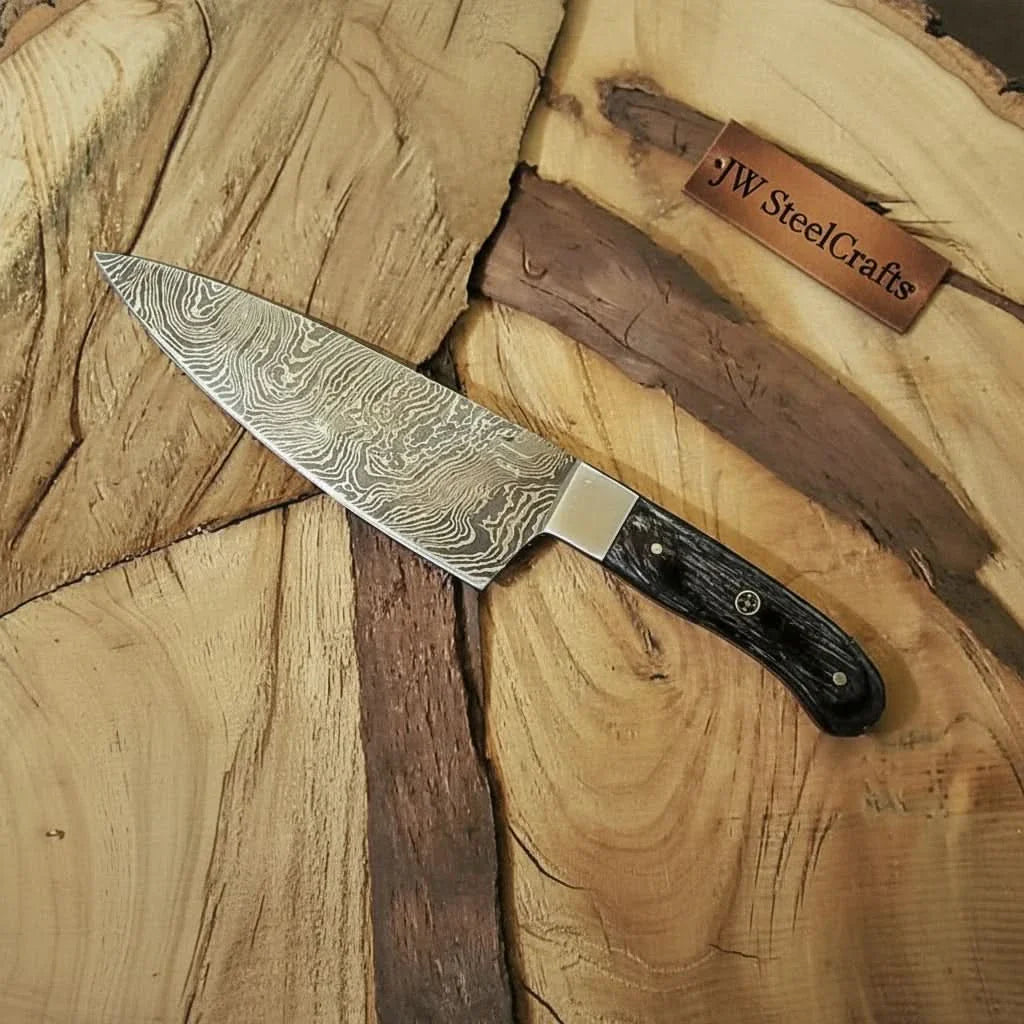 7" Gyuto Chef Knife — Twisted Pattern Damascus Steel with Black Pakka Wood Handle | JW SteelCrafts by JW SteelCrafts, Damascus knife main product photo