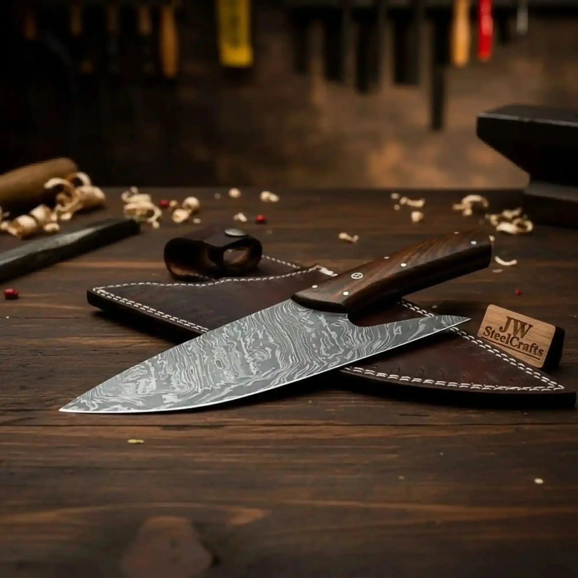 French-Style Damascus Chef Carving Knife – Fire Pattern Blade, 10" Overall, Rosewood Handle with Mosaic & Brass Pins by JW SteelCrafts, Damascus knife main product photo