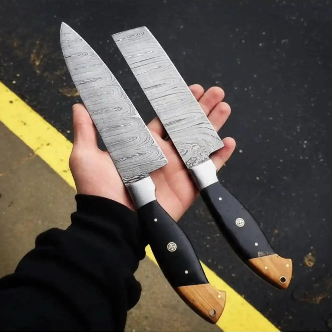 Japanese Damascus Kitchen Knife Pair – Gyuto & Nakiri | 13” Chef Knife & 12” Cleaver, Olive Wood Handle, Full Tang by JW SteelCrafts, Damascus knife main product photo