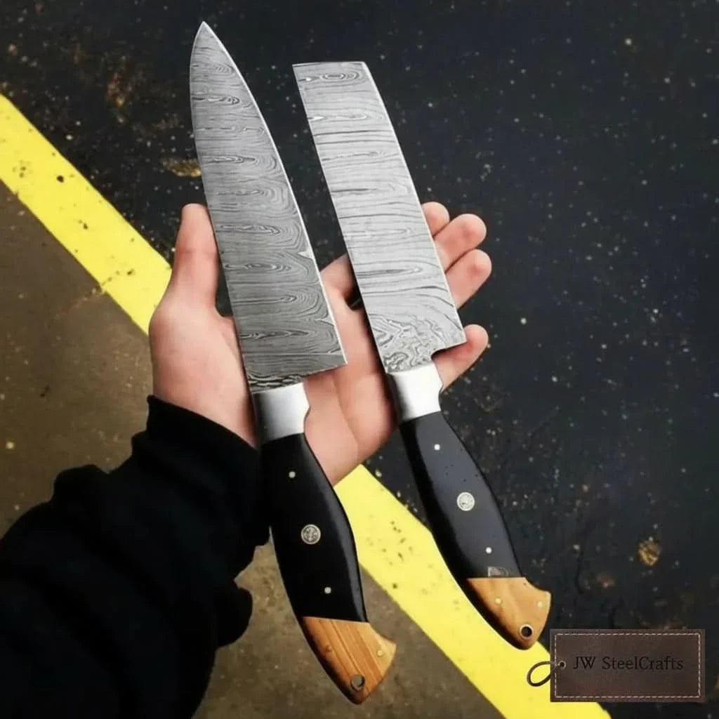 Twisted Damascus 12” Cleaver & 13” Chef Knife – Black Micarta and Olive Wood by JW SteelCrafts, Damascus knife main product photo