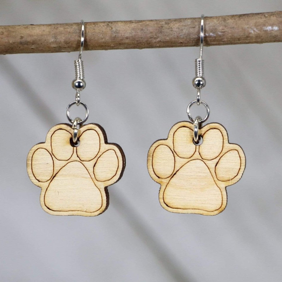 Paw Print Wooden Dangle Earrings | Pet Lover Jewelry