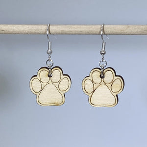 Paw Print Wooden Dangle Earrings | Pet Lover Jewelry