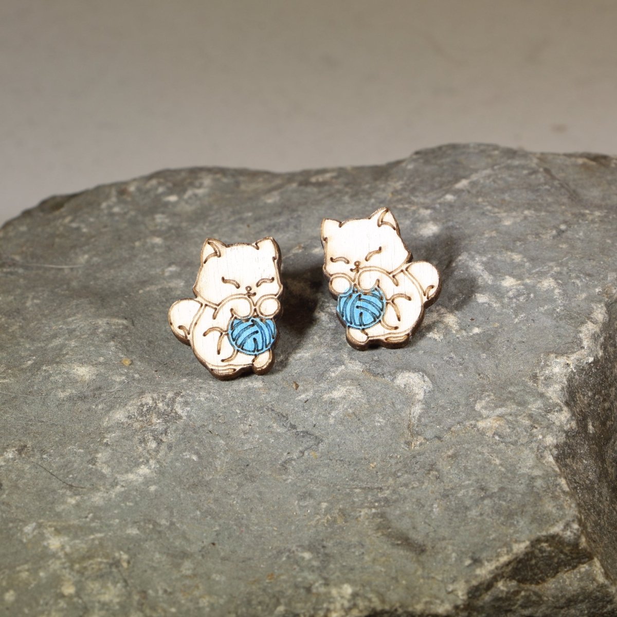 Cat and Yarn Wooden Earrings | Cute Cat Lover Pet Jewelry