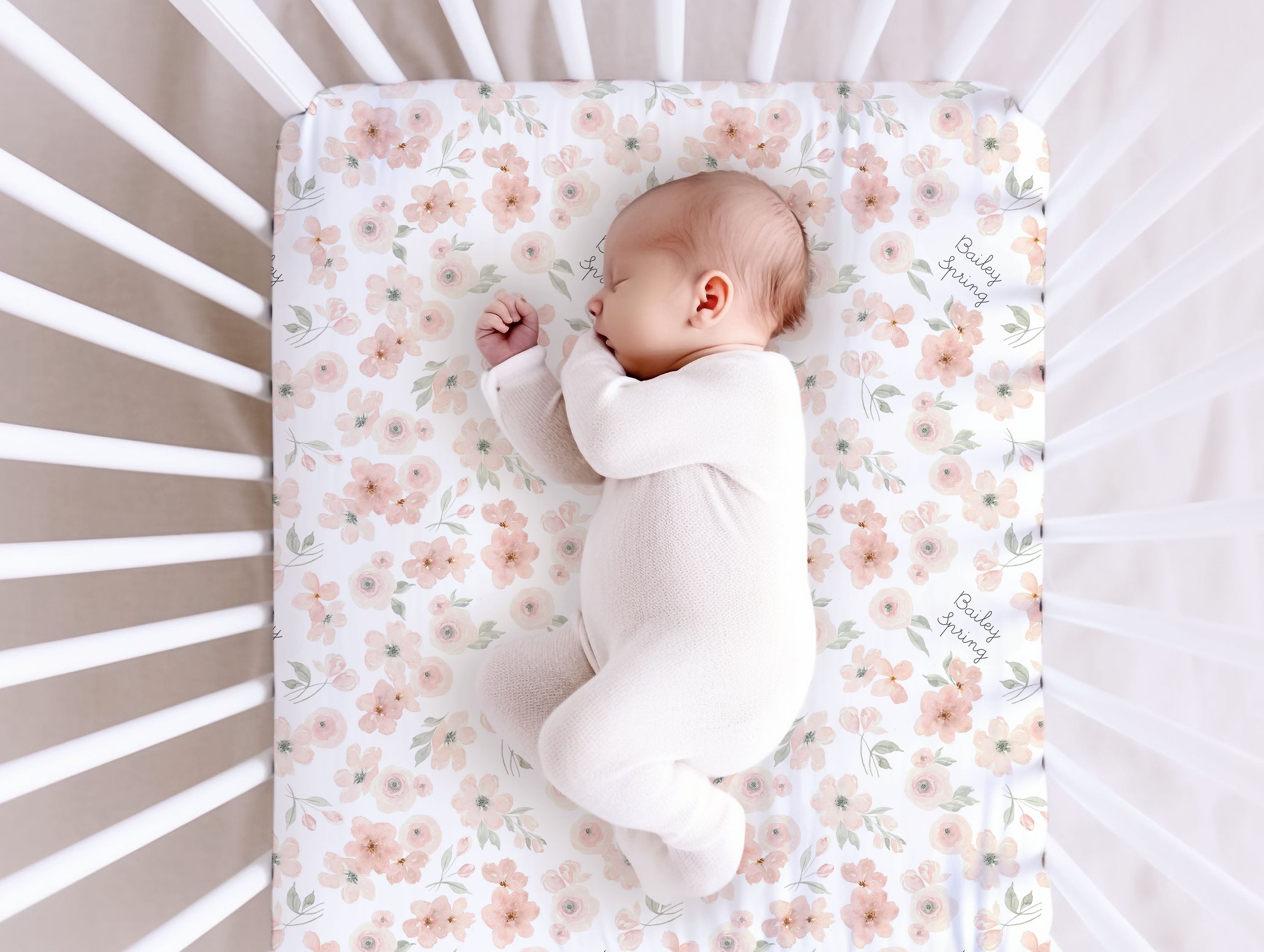 Personalized Crib Sheet - Peach Blossom Floral Baby Girl Bedding | Soft Knit, Machine Washable
