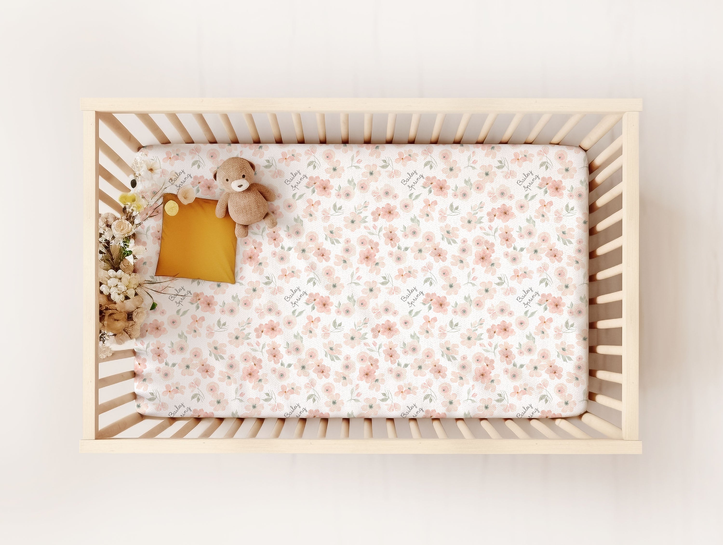 Personalized Crib Sheet - Peach Blossom Floral Baby Girl Bedding | Soft Knit, Machine Washable