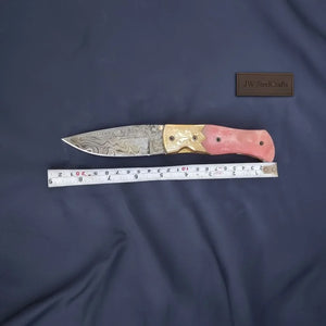 Handmade Damascus Folding Knife – Pink Colored Bone Handle with Brass Bolster | Pocket Knife