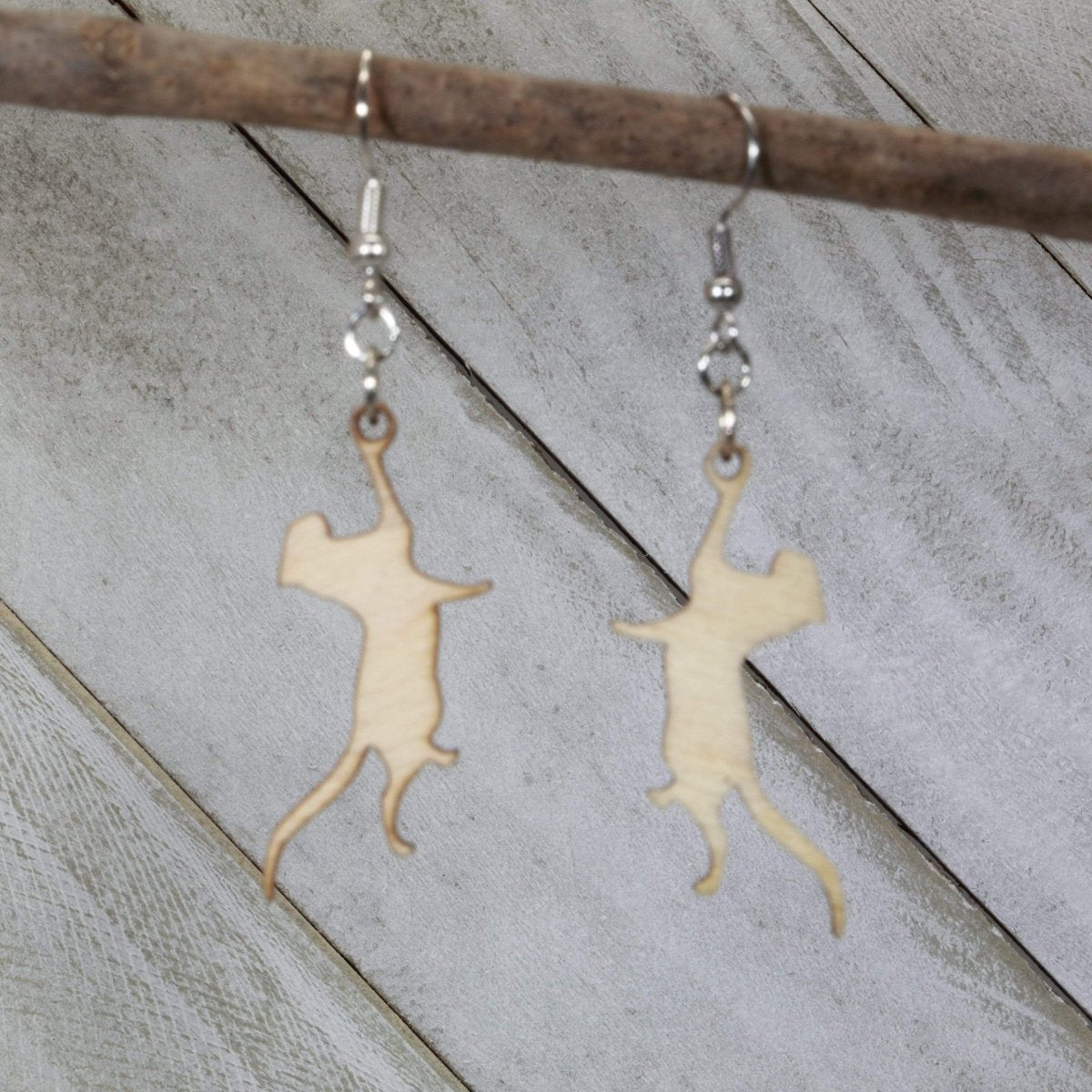 Hanging Cat Wooden Dangle Earrings | Cute Cat Jewelry by Cate's Concepts, LLC, handmade jewelry detail photo 2